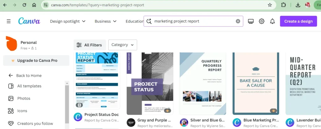MARKETING PROJECT REPORT TEMPLATE IN CANVA