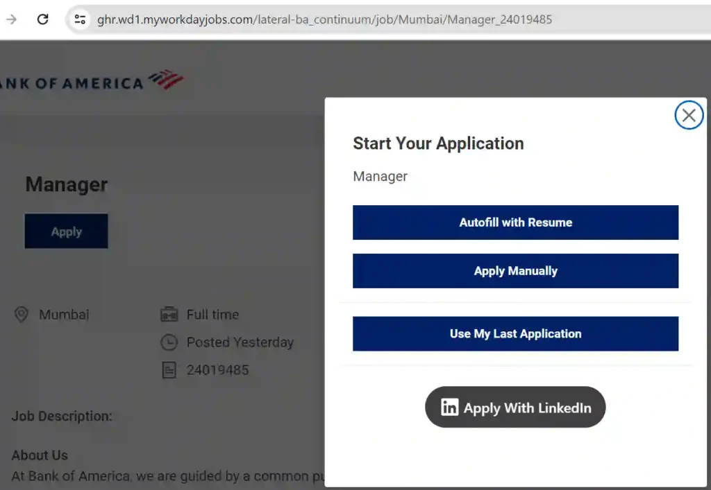Job Openings in India. Bank of America. Application.